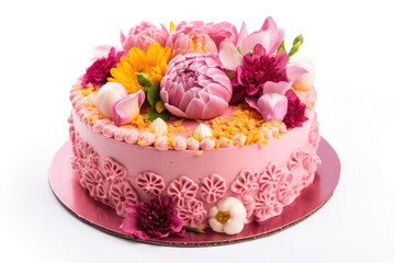 pink cake decorated with flowers isolated on white background. Ai generative