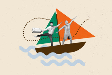 Picture drawing template collage of two people travel island resort hotel using fast speed ship...