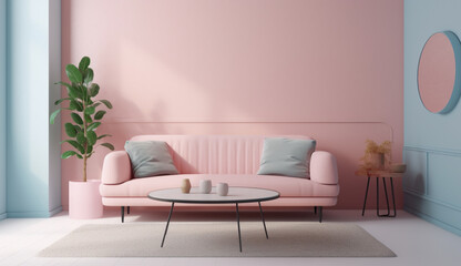 Soft pink sofa on blue background, 3D illustration, AI generated image. Modern minimalist living room interior detail. Concept of coziness, social media and sales, creative advertising idea