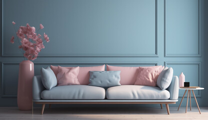 Soft pink sofa on blue background, 3D illustration, AI generated image. Modern minimalist living room interior detail. Concept of coziness, social media and sales, creative advertising idea