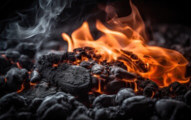 Glowing And Flaming Hot Charcoal top view angle Generative AI