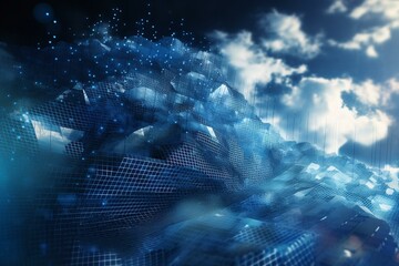 Abstract blue wall background with bright graphic cloud showcasing cloud computing and data storage concept with colorful pixels and lines. 3D rendered image. Generative AI