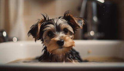 Cute puppy dog in bathtub , pets cleaning , Generative Ai
