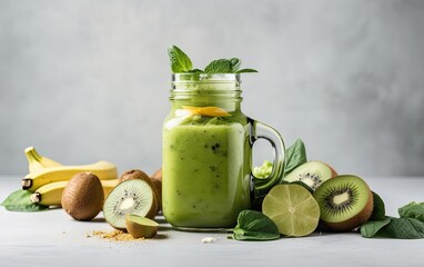 Kiwi smoothie with lime and mint leaves in glass jar Generative AI