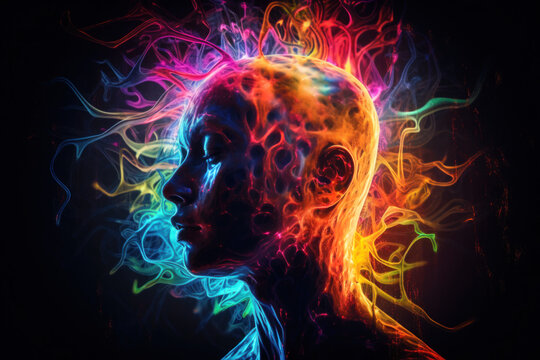 silhouette of a head with colourful energy and creative energy emanating from it. Generative Ai.