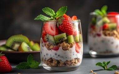 Glass of granola in yogurt with strawberry, kiwi and mint leaves Generative AI