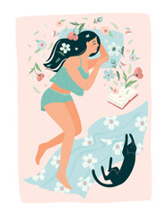 Pretty woman sleeping in bed. Self care, self love, harmony. Isolated illustration.