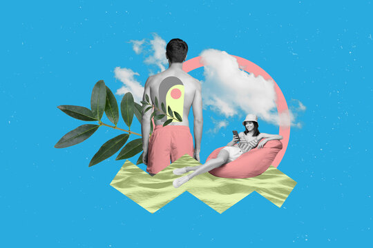 Surreal strange style photo collage young female browsing cellphone sit bean bag pouf male guy with door in back blue sky background