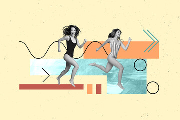 Magazine image collage template of beautiful girls friends fast running on sand coast summer rest concept