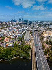 Vertical aerial shot of highway connecting to Perth CBD in Australia - 596323459