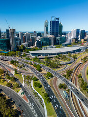 Aerial vertical shot of Perth city and highway traffic in Australia - 596323471