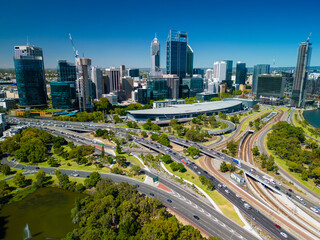 Aerial view of Perth city and highway traffic in Australia - 596323486