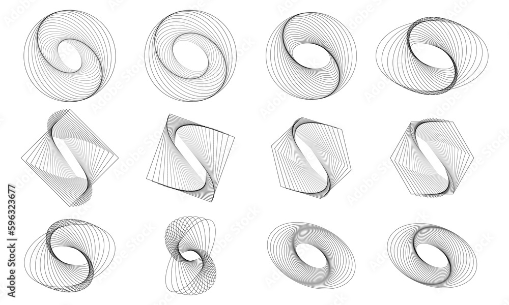 Poster set of abstract design elements. geometric shapes. circle in spiral with lines as icon, logo or desi