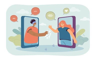 Phone screens with girl giving letter to online friend. Women exchanging messages via smartphone or internet vector illustration. Social network or media, communication, technology concept