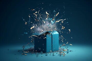 3D-rendered party gift box exploding on blue background. Generative AI