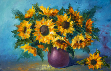 Oil painting a bouquet of bright big yellow sunflowers in a vase on a blue background. Impressionism sunflowers flowers in a vase modern art.