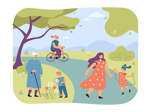 Happy people having fun in the park vector illustration. Cartoon drawing of boy with grandmother, child skipping with mother, girl riding bicycle. Outdoor activity, leisure, summer concept