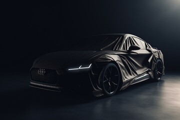 3D rendering of car covered with black cloth. Generative AI