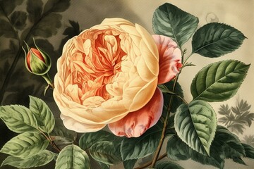 Vintage rose illustration by P.R. Redoute, featured in Les Roses, Paris 1817-1824. Generative AI - obrazy, fototapety, plakaty