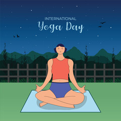 International Yoga Day illustration on June 21 with Woman Doing Body Posture Practice or Meditation Flat illustration
