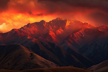 majestic mountain range, with fiery sunset lighting the sky and bringing warmth to the landscape, created with generative ai