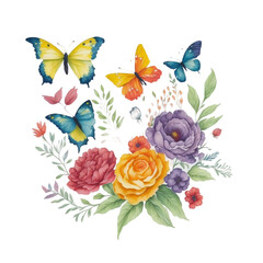 Watercolor natural pattern of butterflies with floral and herbal elements. Ai generative art.