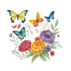 Deurstickers Watercolor natural pattern of butterflies with floral and herbal elements. Ai generative art. © mashimara