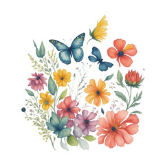 Fototapeta na wymiar Watercolor natural pattern of butterflies with floral and herbal elements. Ai generative art.
