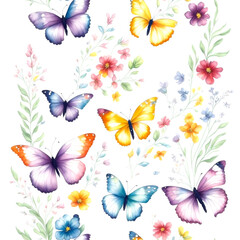 Fototapeta premium Seamless watercolor natural pattern of butterflies with floral and herbal elements. Ai generative art.
