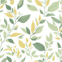 Seamless watercolor pattern of green and yellow leaves. AI generative art, upgraded by human
