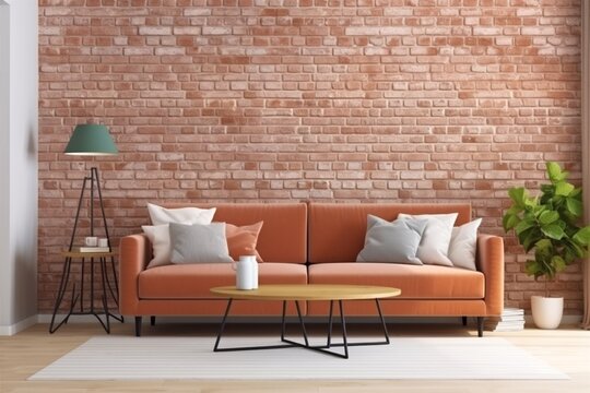 interior background sofa furniture light couch loft decoration simple brick three-dimensional render. Generative AI.
