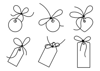 Bow with label tag for gift ribbon string vector silhouette icon. Black line art rope cord with knot and bow for birthday or holiday christmas package decoration.