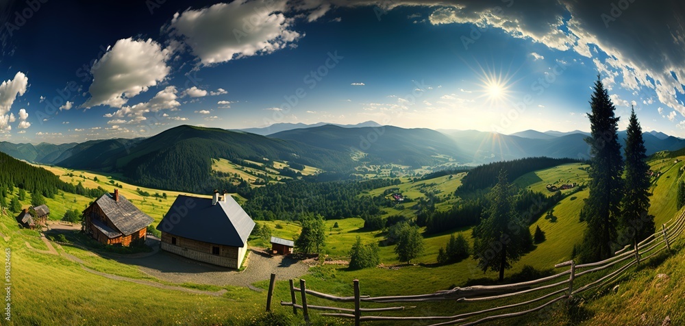 Poster ukrainian carpathian mountains in the summertime. four-frame picture merged from many captures. gene