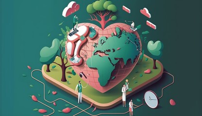 World Heart Day concept,  heartbeat line together with earth and heart, Generative Ai