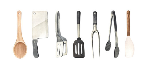 Watercolor set elements grill, kitchen tools for cooking bbq:spatula,fork,tongs and knife grilling. Hand-drawn illustration isolated on white background.Perfect for menu cafe, restaurant, kit barbecue