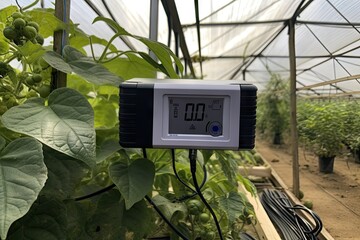 iot sensor, measuring temperature and humidity in greenhouse, created with generative ai - obrazy, fototapety, plakaty