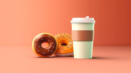 Takeaway drink cup and donut isolated, generative AI.