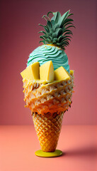 Illustration of pineapple ice cream with pineapple pieces in a waffle cone. The concept of natural sweets. A popular summer refreshing treat. Generated by artificial intelligence
