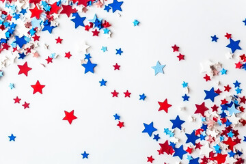 Fototapeta na wymiar White background with blue red and white stars and decor. American Independence Day concept.