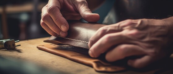 Man makes a leather wallet. Generative AI