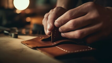 Man makes a leather wallet. Generative AI
