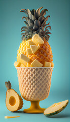 Illustration of pineapple ice cream with pineapple pieces in a waffle cone. The concept of natural sweets. A popular summer refreshing treat. Generated by artificial intelligence