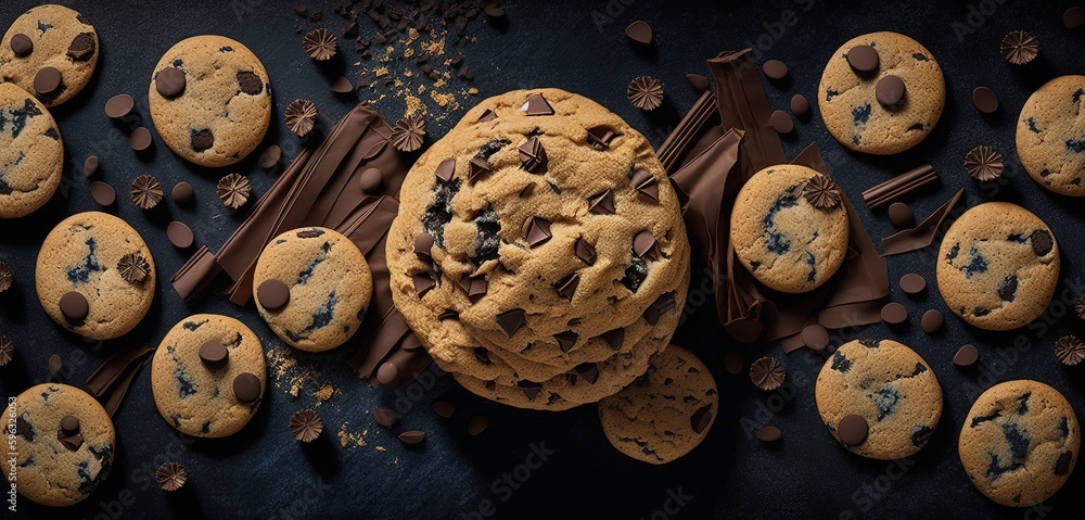 Poster top view of some delicious chocolate chip cookies generative ai