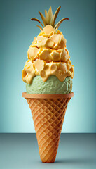 Illustration of pineapple ice cream with pineapple pieces in a waffle cone. The concept of natural sweets. A popular summer refreshing treat. Generated by artificial intelligence