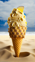 Illustration of pineapple ice cream with pineapple pieces in a waffle cone. The concept of natural sweets. A popular summer refreshing treat. Generated by artificial intelligence