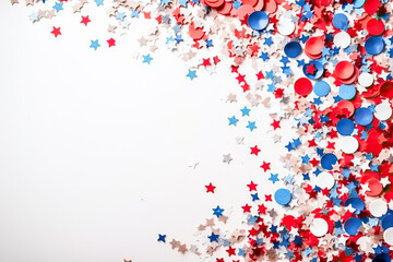 Fototapeta na wymiar White background with blue red and white stars and decor. American Independence Day concept.