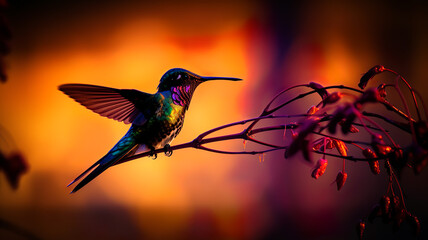 Hummingbird on a branch, colorful background, Generative AI