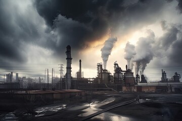 chemical factory, with toxic clouds billowing from smokestacks, created with generative ai