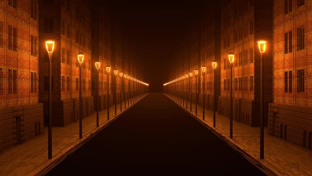 night street with street lights in a light fog, perspective, old, brick houses, cyclic animation, 3d render