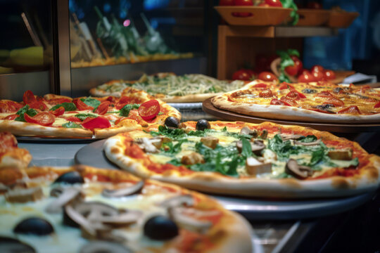 Pizza assortment in a shop display, close up. Delicious Italian street food. Generative AI